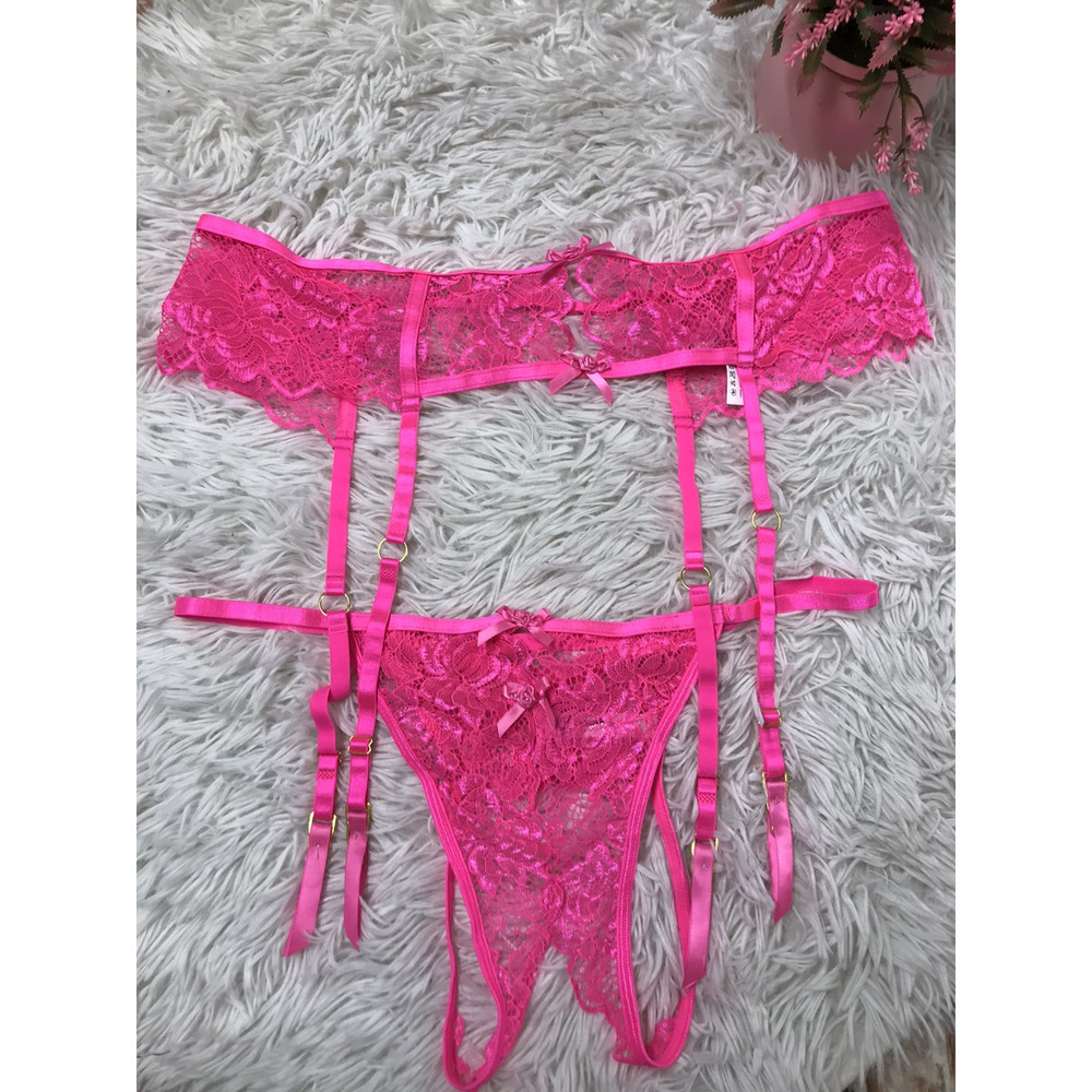 FASHION NOVA GARTER BELT & CROCHLESS PANTY HOT PINK 1X/2X PLUS SEXY SET LACY